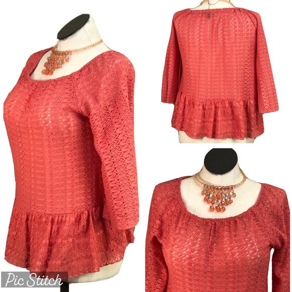 Crotchet Lace Coral Sz S Top Gathered Hem Orange Shirt Round Neckline 3/4 Sleeve - Picture 7 of 13
